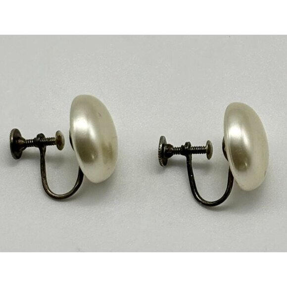 Vintage Cream Faux Button Pearl Adjustable Screw-Back Earrings w/Sterling Silver - Picture 4 of 6